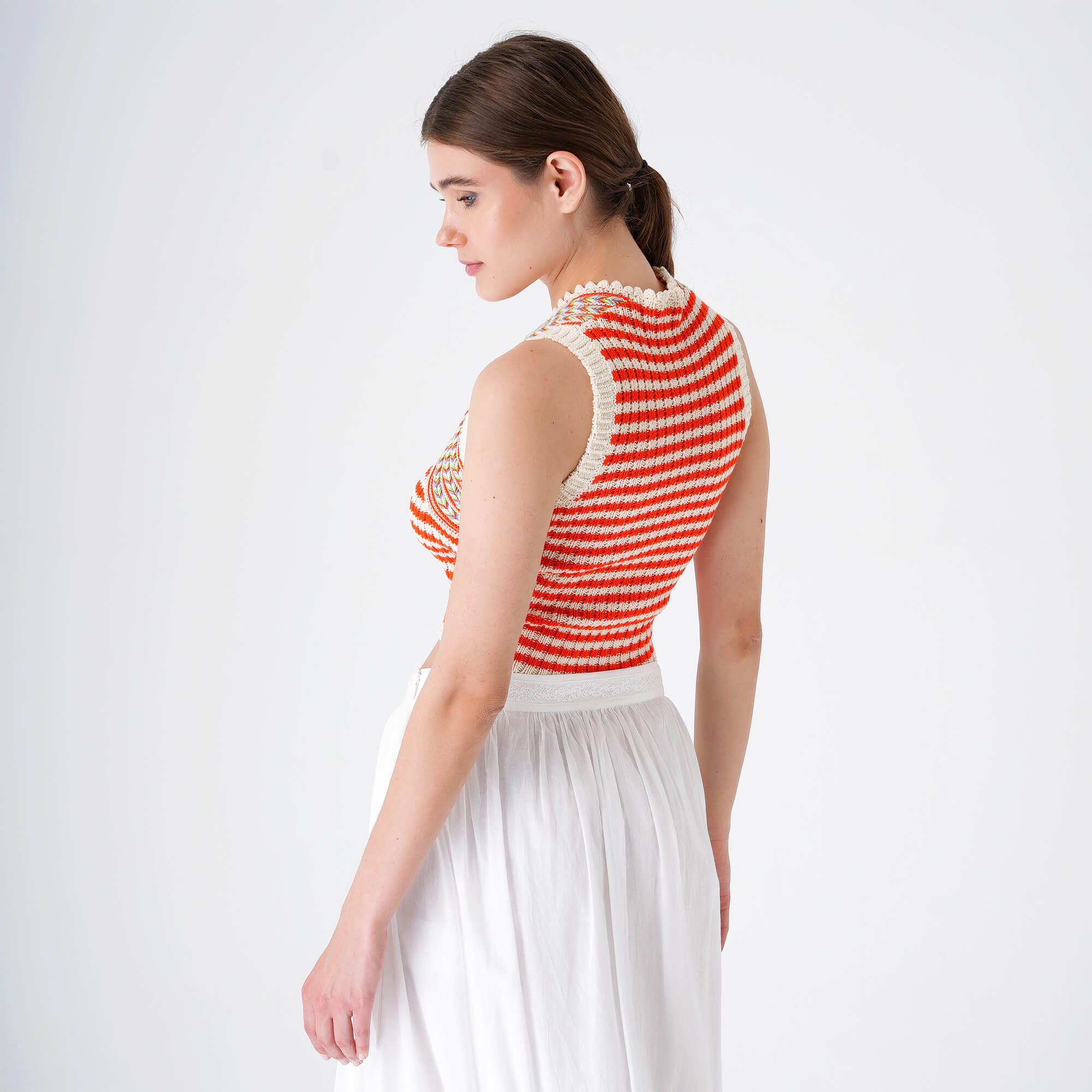 Etro - White&Coral Striped Knitted Zigzag Sleeveless Sweater